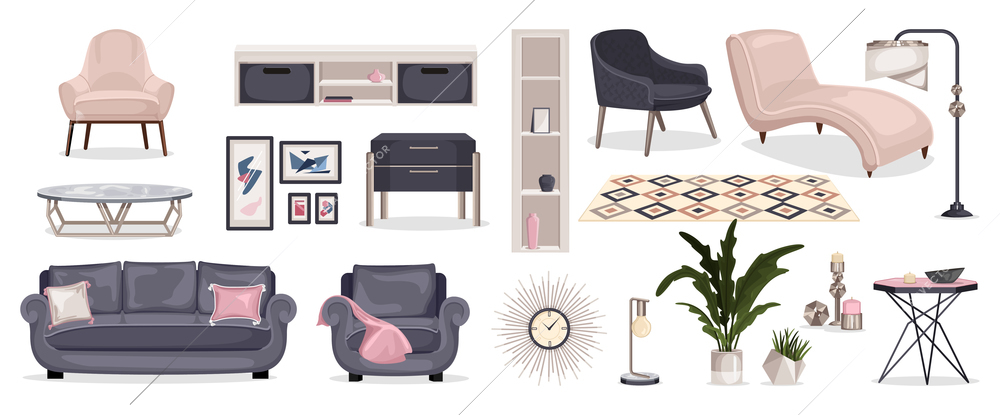 Furniture interior color set of isolated icons with designer furniture images with lounge chairs shelves tables vector illustration