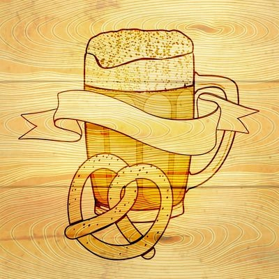 Glass mug of cold beer with foam and pretzel on wooden background vector illustration.