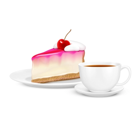 Realistic composition with white cup of tea and piece of cherry cheesecake on saucer vector illustration