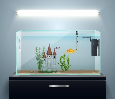 Room interior composition with realistic aquarium on chest of drawers and wall lamp vector illustration