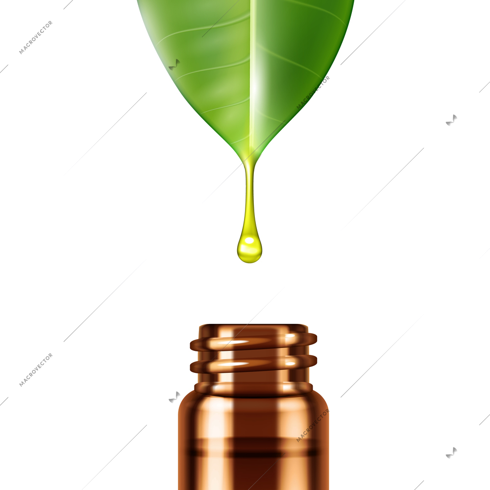 Realistic aromatherapy composition with drop of essential oil dripping off green leaf into glass bottle isolated vector illustration