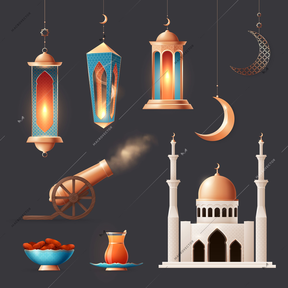 Ramadan realistic set of isolated icons with mosque building hanging lanterns moons food drinks and cannon vector illustration
