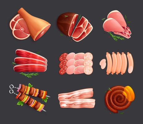 Meat products set of flat icons with ripe meat and food images sausages steaks and kebab vector illustration