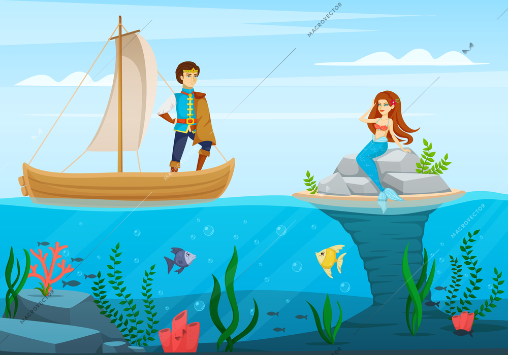 Fairy tale characters cartoon composition a scene from cartoon with the prince and the mermaid vector illustration