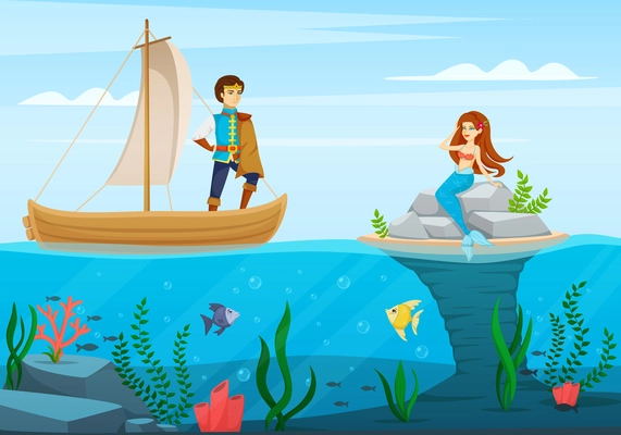 Fairy tale characters cartoon composition a scene from cartoon with the prince and the mermaid vector illustration