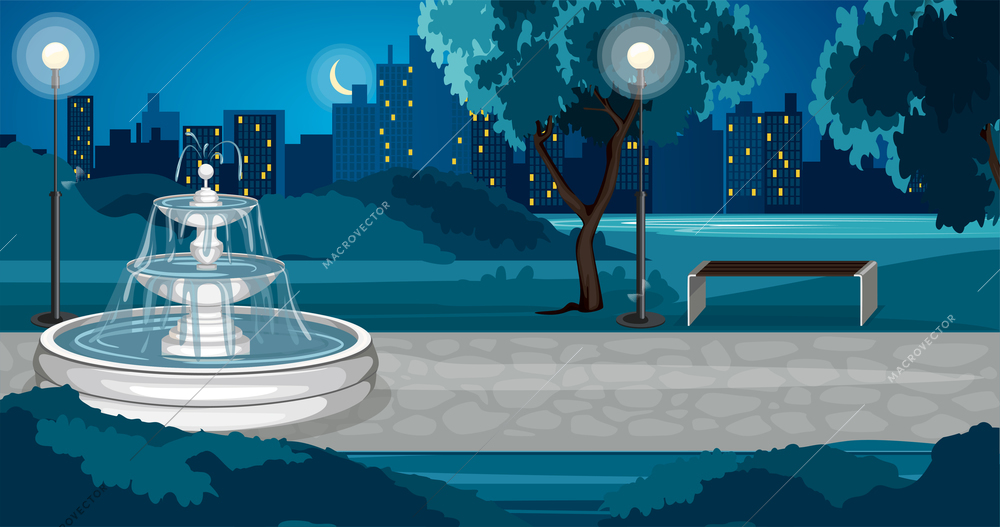 Park composition with night view of city park with fountain empty lanes lights and cityscape background vector illustration
