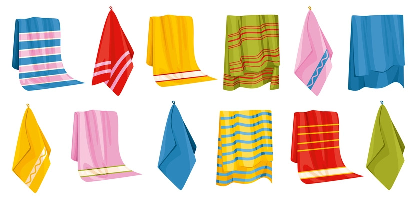 Towel bath set of isolated icons with images of hanging bathing towels with various colorful patterns vector illustration