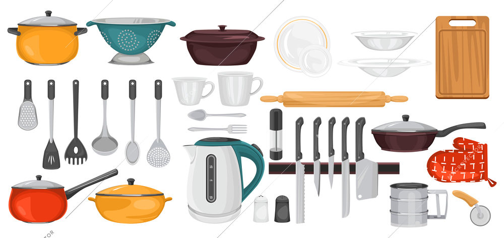 Kitchen utensil kitchenware set with icons of cups knives and frying pans with pots and plates vector illustration