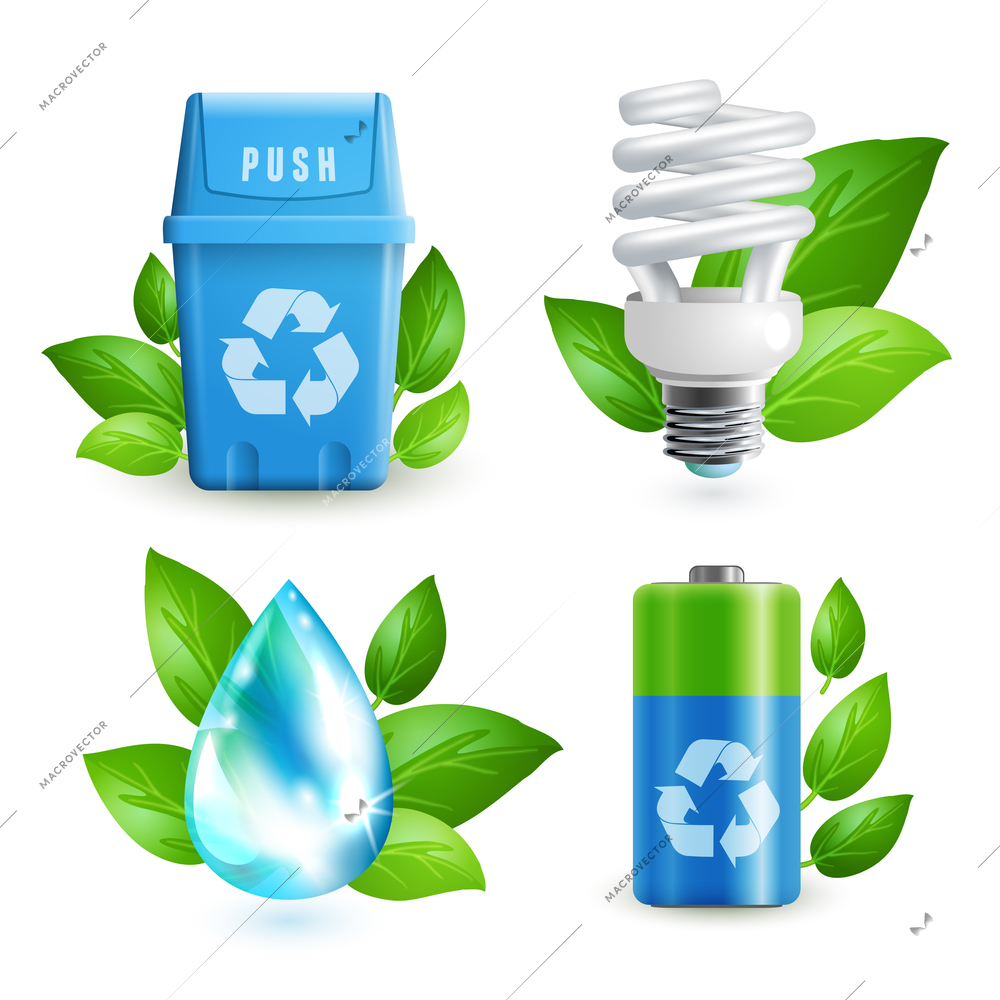 Ecology and waste colored icons set of trash can lightbulb water drop battery isolated vector illustration