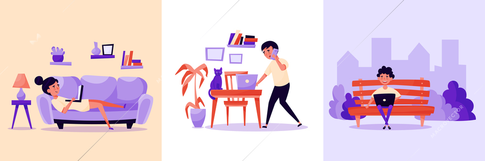 Freelancers remote work 3 cartoon compositions writer on bench outdoor designer with laptop on sofa vector illustration