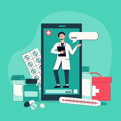 Telemedicine exams conducted by smartphone video chat with doctor online background composition with recommended medication vector illustration