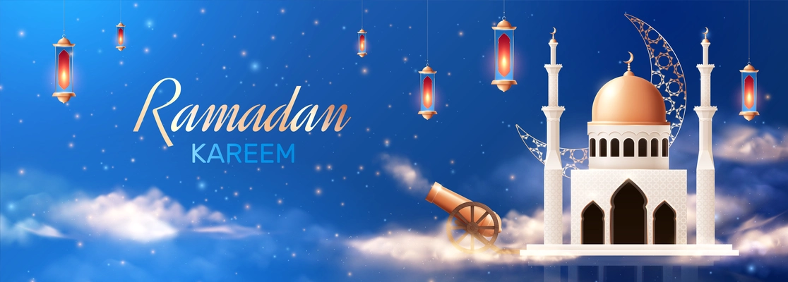 Ramadan realistic composition with image of mosque with hanging lanterns ornate text with stars and clouds vector illustration