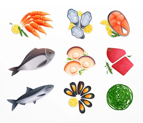 Set of isolated seafood flat icons with ripe fish and ready dishes with seaweed and lemon vector illustration