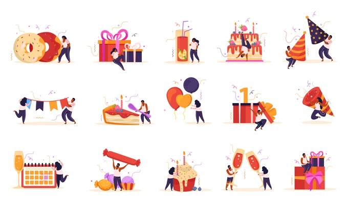 Birthday flat recolor set of isolated icons with sweets drinks and festive decorations with happy people vector illustration