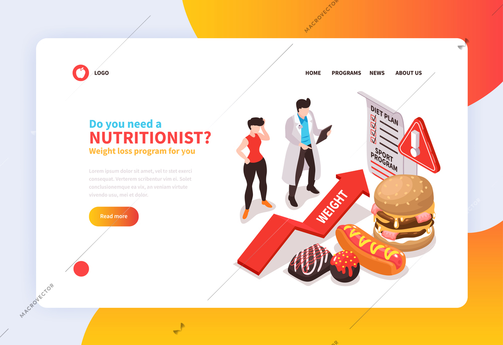 Isometric dietician nutritionist concept banner for website with clickable links text and people with unhealthy food vector illustration