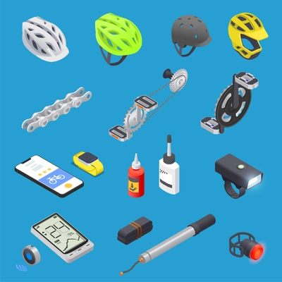 Bicycle isometric set with isolated icons of professional cycling equipment protective helmets spare parts and lubricants vector illustration