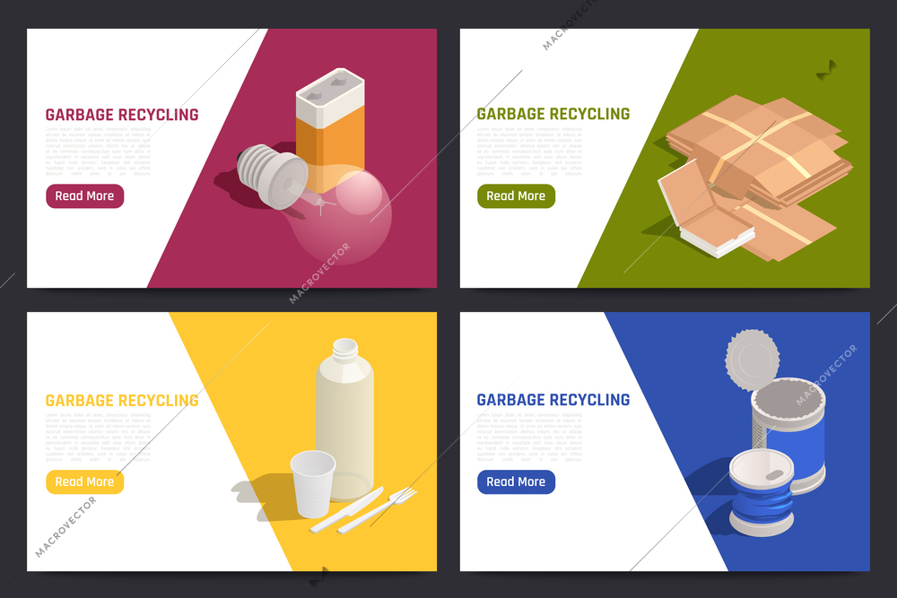 Garbage recycling horizontal web banners with information about sorting and collecting waste isometric vector illustration