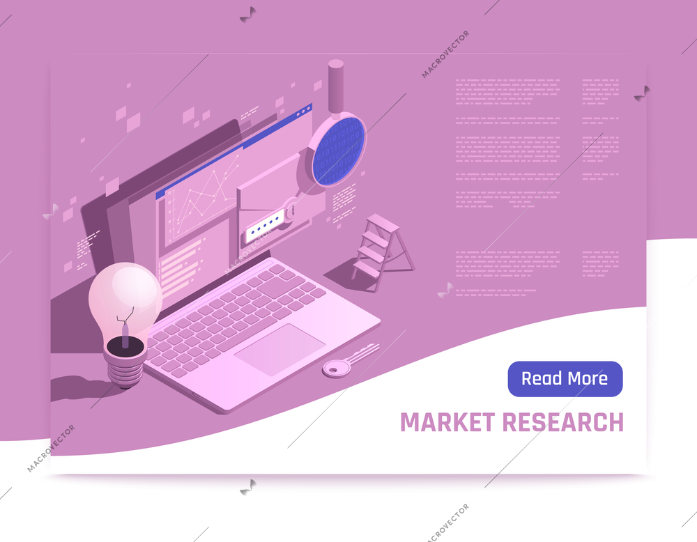 Market research web banner with laptop key magnifying glass light bulb envelope with password isometric icons vector illustration