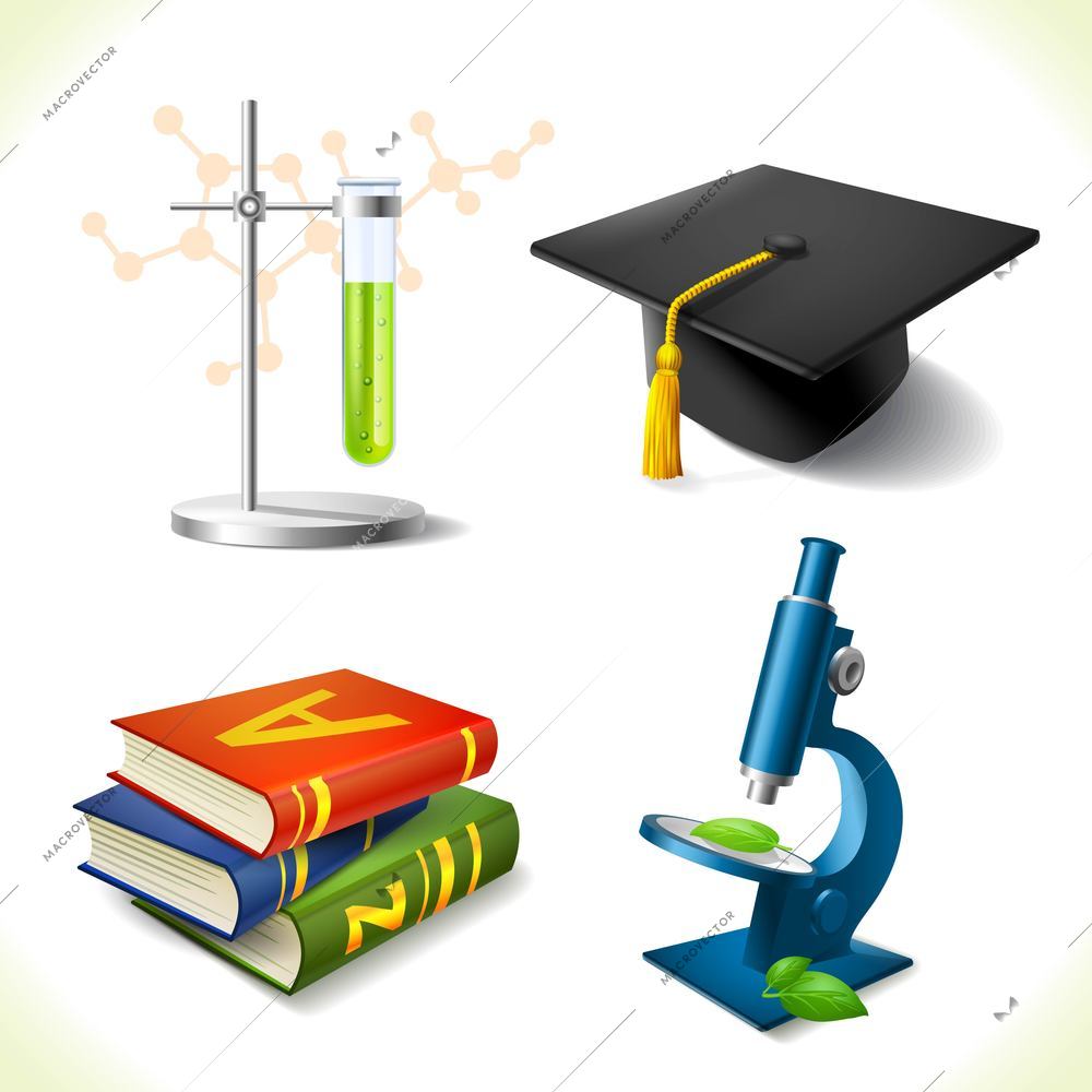 Realistic education icons set of laboratory flask graduation hat book microscope isolated vector illustration