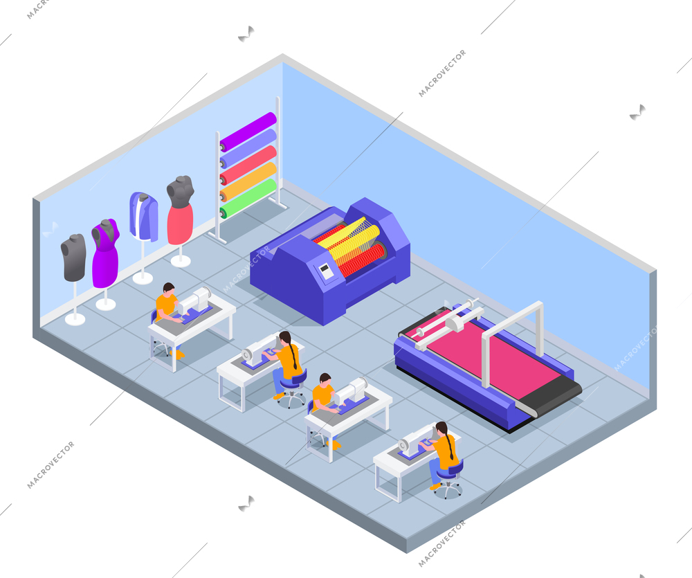 Textile mill spinning industry isometric composition with view of table workplaces with  sewing machines and mannequins vector illustration