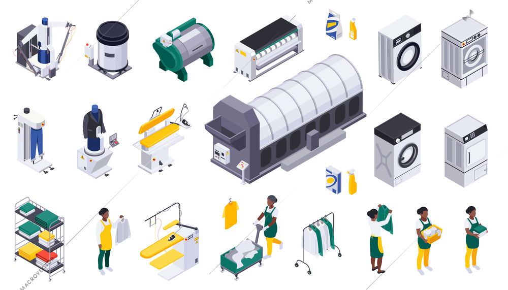 Laundry washing isometric composition with isolated icons of washing machines skirt boards with iron and workers vector illustration