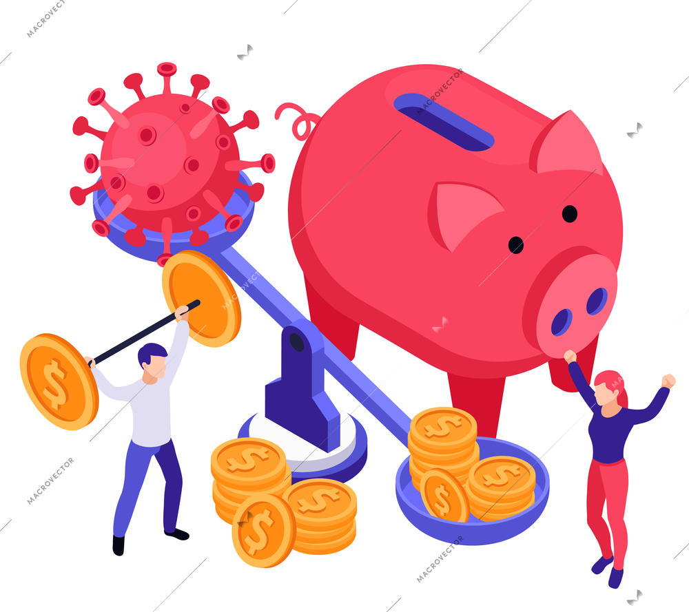 Economic business recovery isometric composition with images of weights with coins and virus bacteria with moneybox vector illustration