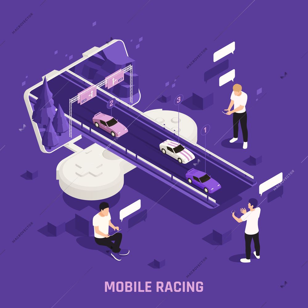 Mobile gaming featuring competing virtual street circuit race drivers isometric composition bright purple background vector illustration