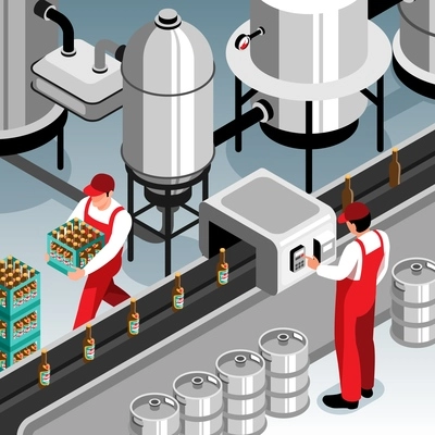 Beer bottles conveyor belt operator isometric composition brewery production facility interior vector illustration