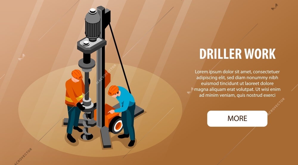 Driller engineer duties responsibilities work equipment isometric horizontal web banner with well drilling process supervision vector illustration