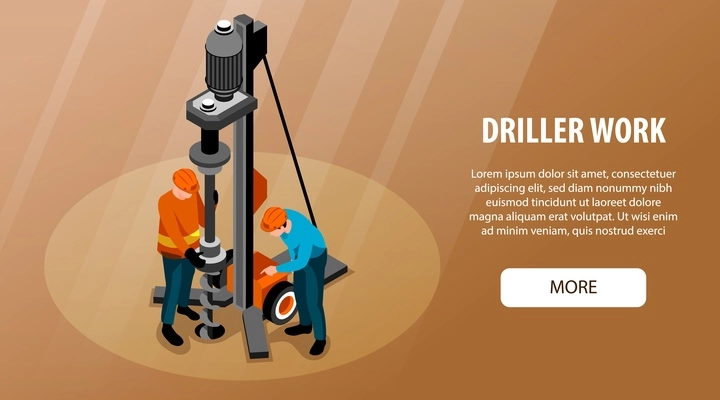 Driller engineer duties responsibilities work equipment isometric horizontal web banner with well drilling process supervision vector illustration