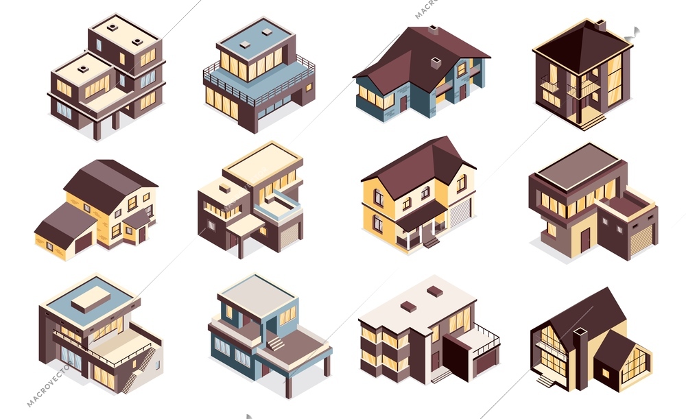 Suburban houses isometric set with cottages wooden deck garage modern voluminous elements traditional buildings isolated vector illustration