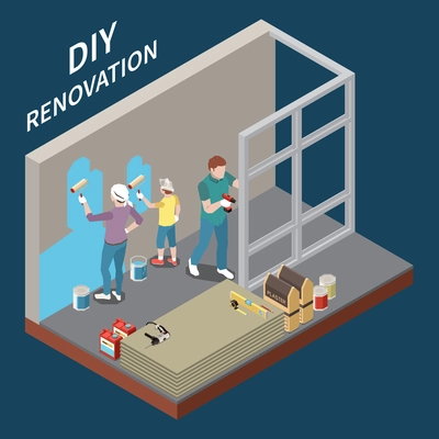 DIY isometric concept with characters renovating room painting walls working with electric drill 3d vector illustration