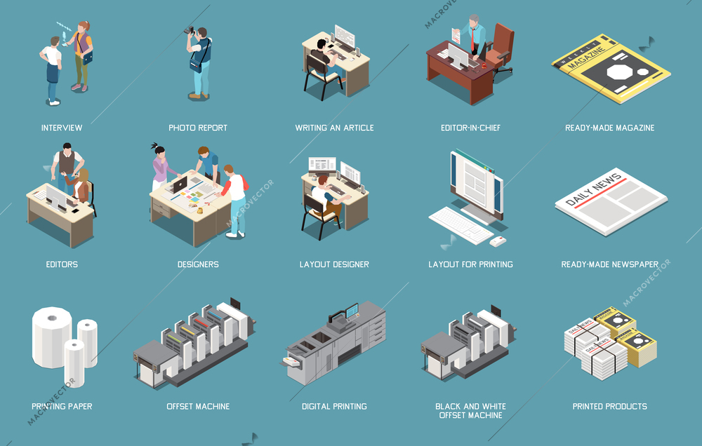 Isometric editorial office icons set with characters of designers reporters editors newspaper magazine offset machine isolated vector illustration