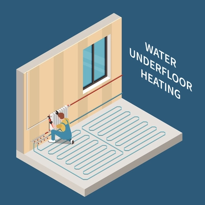 Worker installing water underfloor heating system in house 3d isometric vector illustration