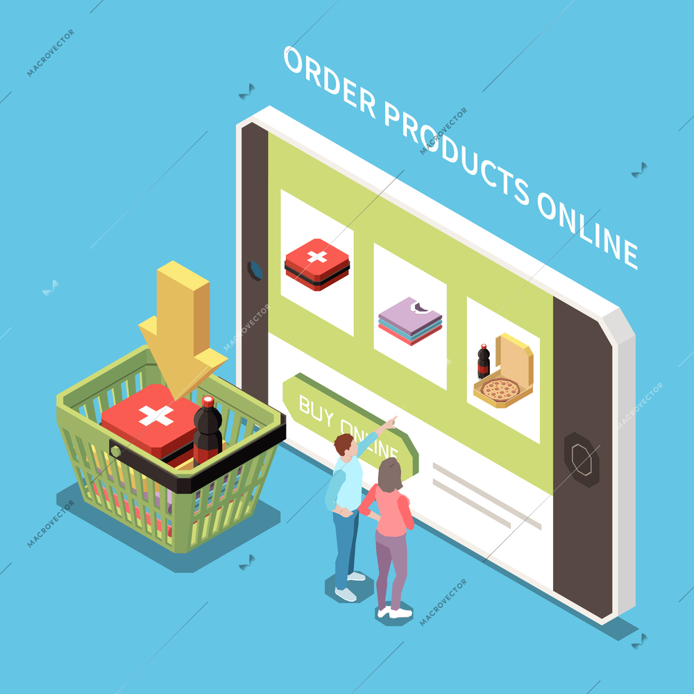 Isometric concept with two people ordering products online on smartphone on blue background 3d vector illustration