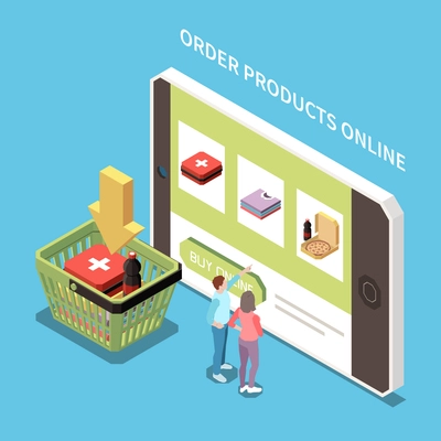 Isometric concept with two people ordering products online on smartphone on blue background 3d vector illustration