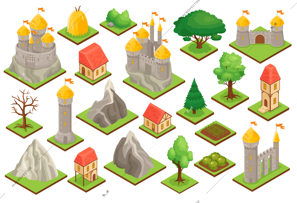 Isometric icons set of medieval castle towers gate city houses trees bushes rocks isolated on white background 3d vector illustration