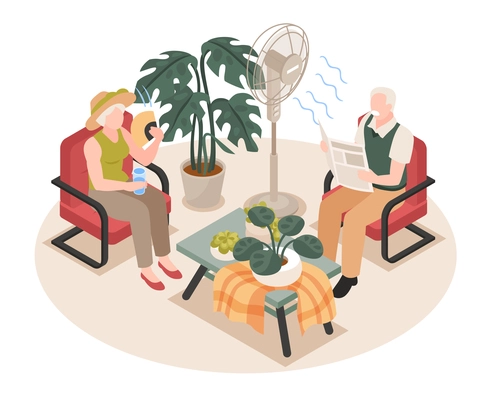 Senior couple drinking cold water and using electric fan in hot weather isometric vector illustration