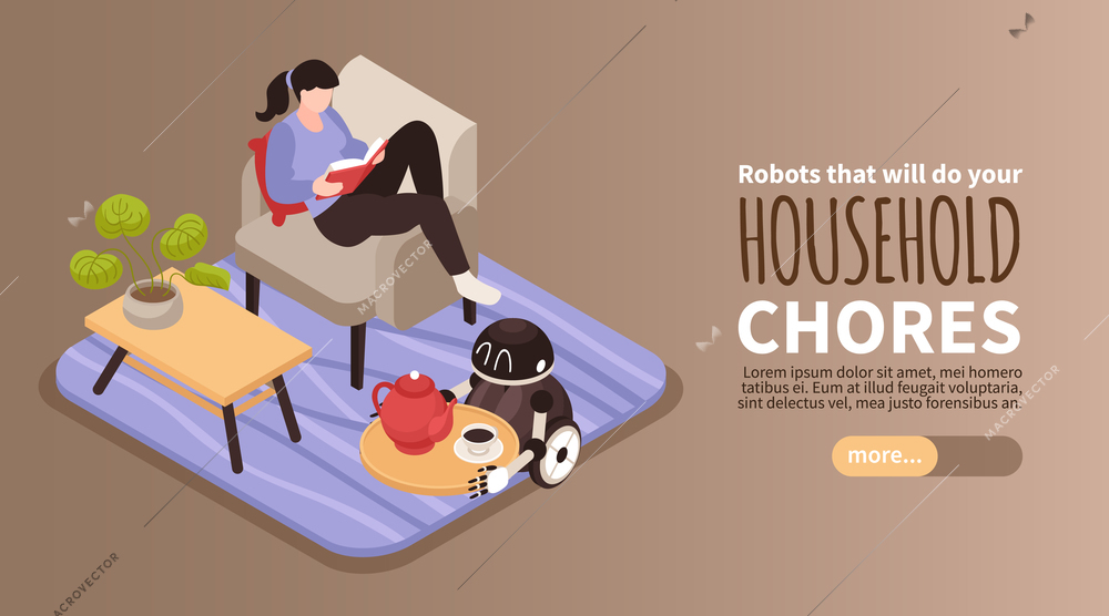 Isometric horizontal banner with woman reading and small robot carry tray with coffee vector illustration