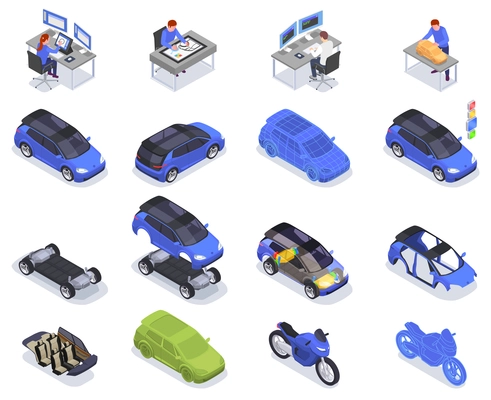 Car designer profession isometric icons set  isolated vector illustration