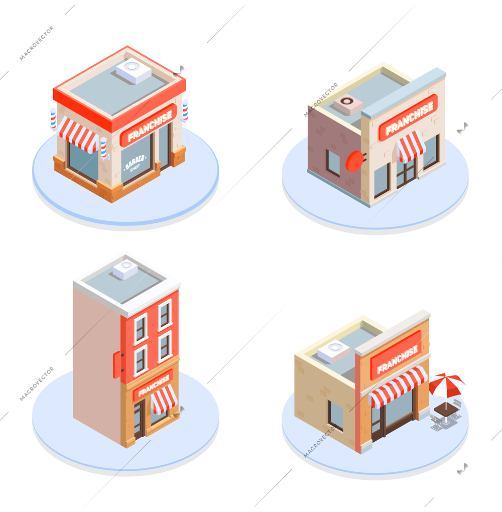 Franchise isometric concept icons set with building and brand symbols vector illustration