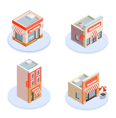 Franchise isometric concept icons set with building and brand symbols vector illustration