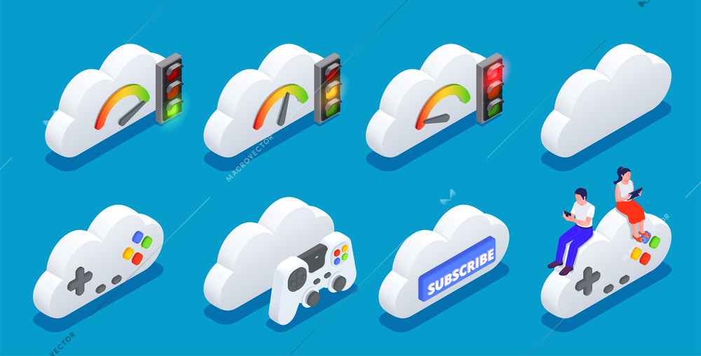 Cloud gaming isometric set with subscribe symbols isolated vector illustration