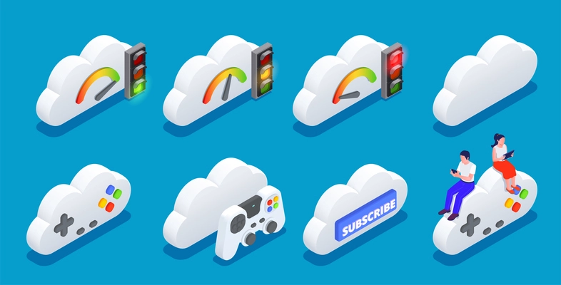 Cloud gaming isometric set with subscribe symbols isolated vector illustration