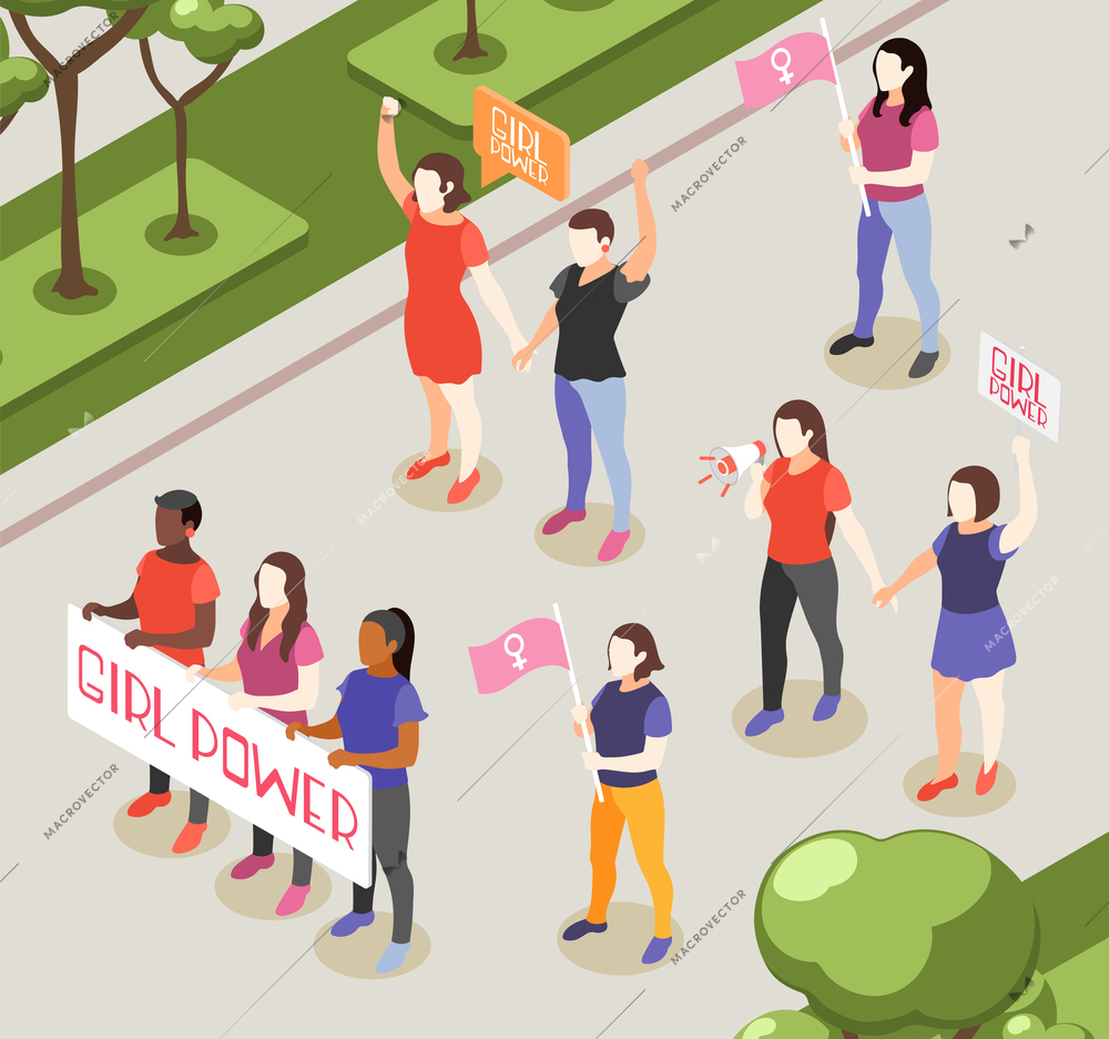 International womens day isometric background with outdoor scenery and walking female activists with flags and placards vector illustration