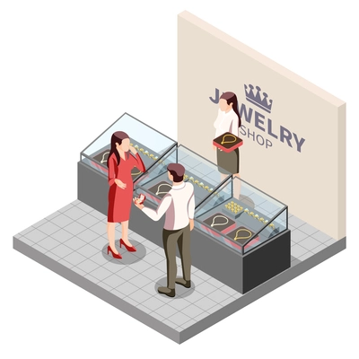 Jewelry production isometric composition with view of fashion jewelry store with display counter seller and customers vector illustration