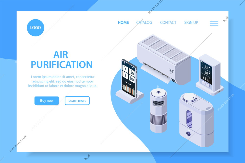 Air purification quality control isometric web site landing page with clickable links buttons and editable text vector illustration