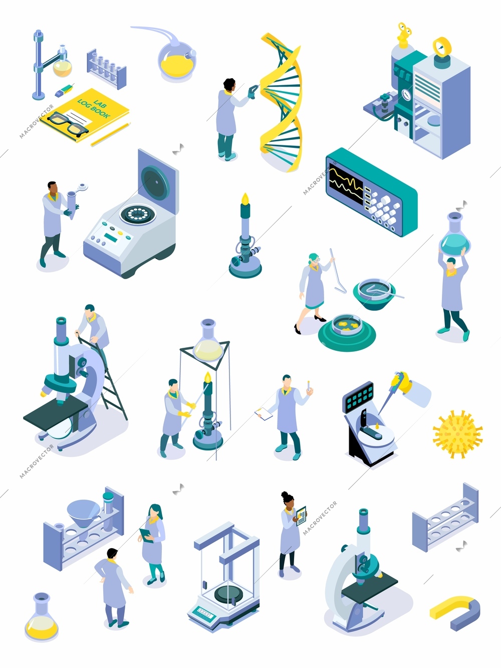 Isometric science laboratory color icon set with instruments from the science lab staff microscopes and devices for experiments vector illustration