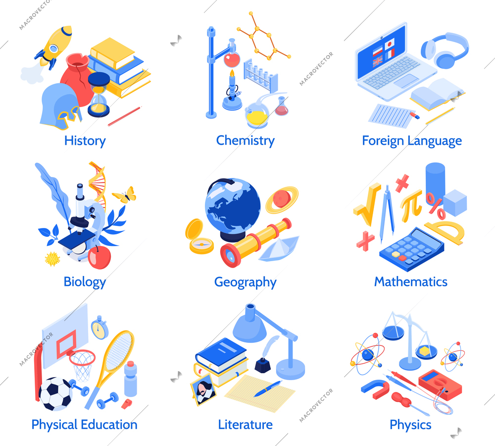 Set of isolated school education subjects compositions with text captions and isometric icons of educational materials vector illustration