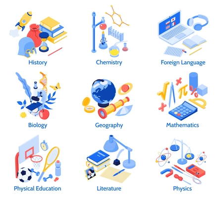 Set of isolated school education subjects compositions with text captions and isometric icons of educational materials vector illustration